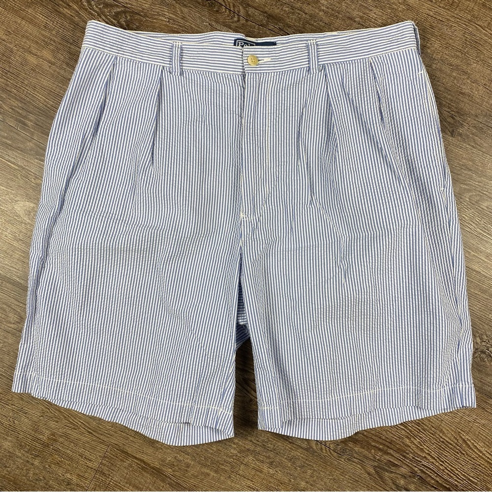 Polo Ralph Lauren Shorts Men 38w White Blue Tyler Cotton Pinstripe 10” Inseam